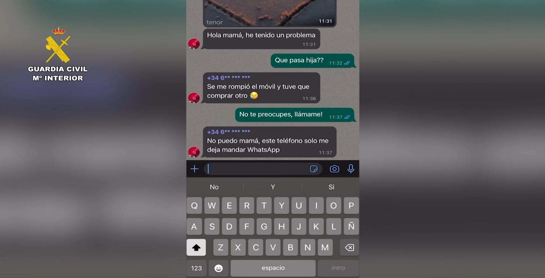 Imagen de la pantalla de un dispositivo móvil donde se ven los mensajes utilizados para la estafa
