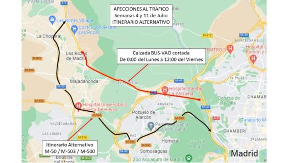 Mapa con itinerario alternativo al acceso a Madrid por la A-6 y A-3