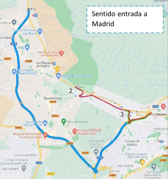 Mapa de desvios de tráfico de entrada a Madrid establecidos por el corte nocturno de la A-6