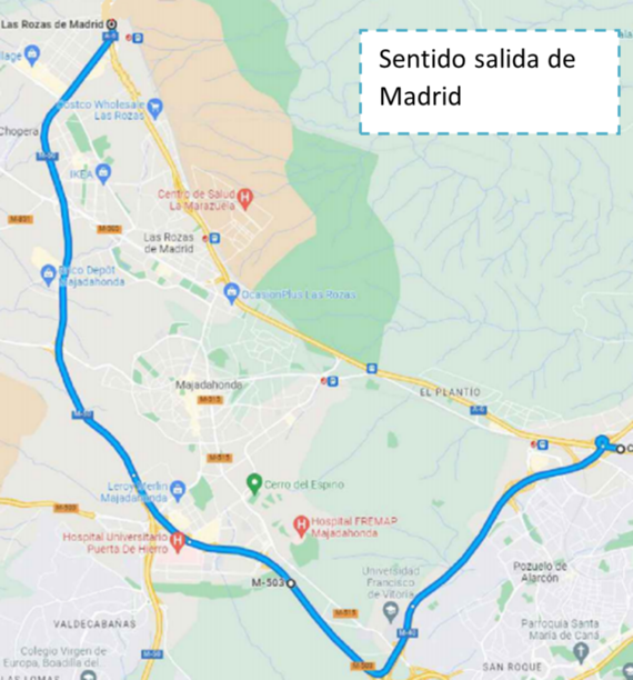 Mapa de desvios de tráfico de salida de Madrid establecidos por el corte nocturno de la A-6