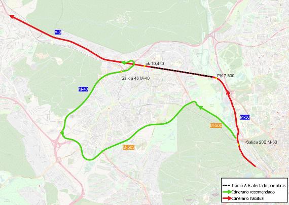 Mapa de itinerarios alternativos a cortes de carriles A-6 sentido creciente A Coruña