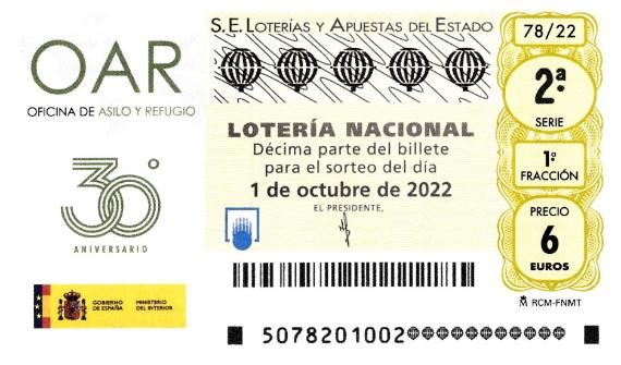 Imagen del décimo de Lotería Nacional dedicado al 30 aniversario de la Oficina de Asilo y Refugio (OAR)