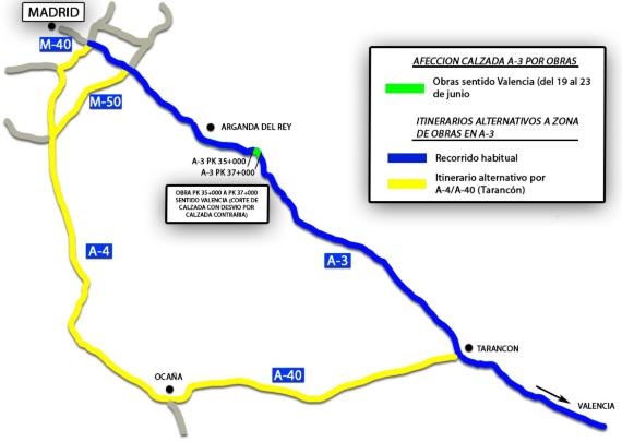Afección calzada A-3 por obras e Itinerarios alternativos en sentido Valencia  (19 al 23 de junio)