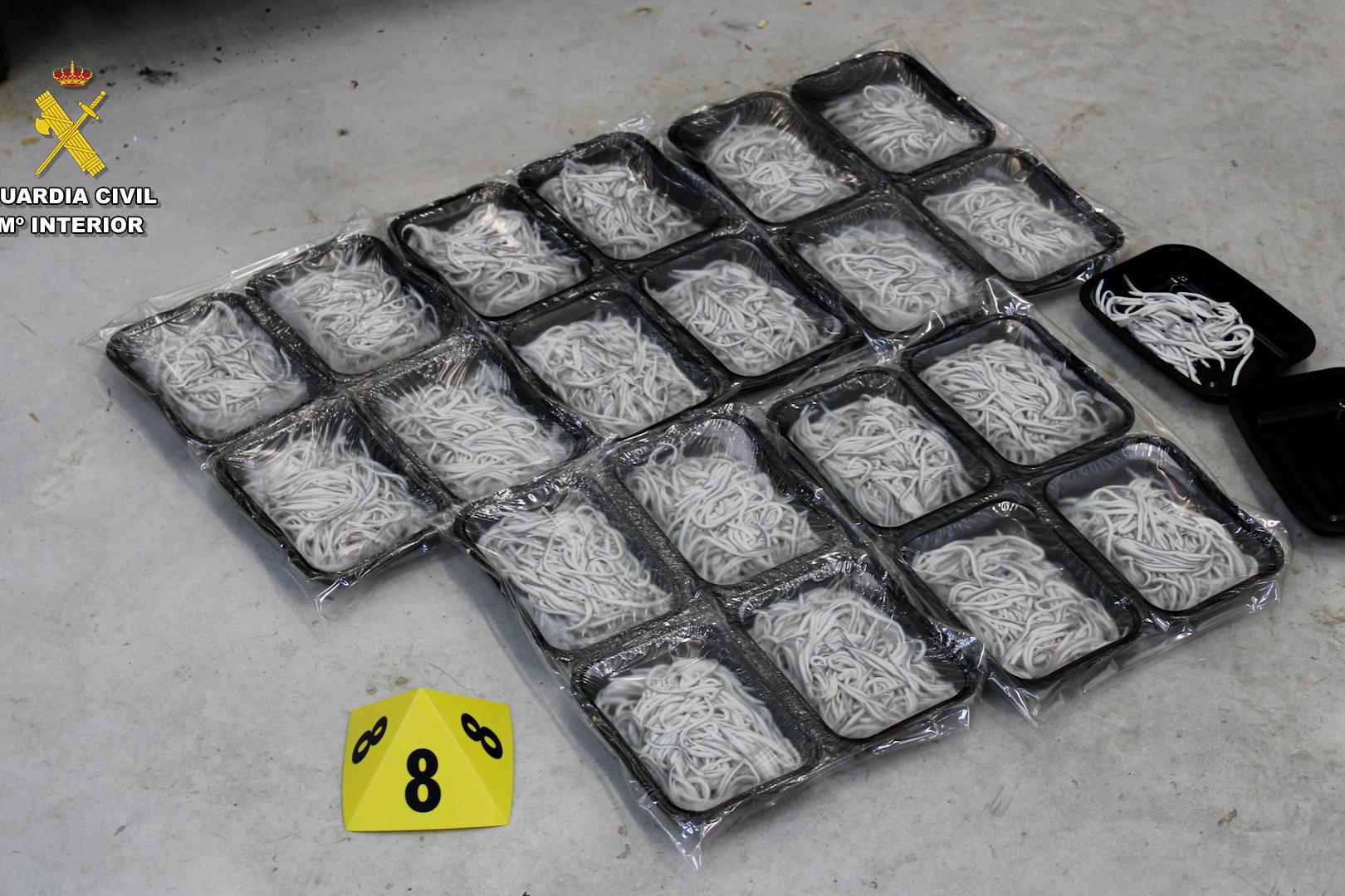 Imagen de los envases de angulas preparada para su venta de las 18 toneladas incautadas en la operación