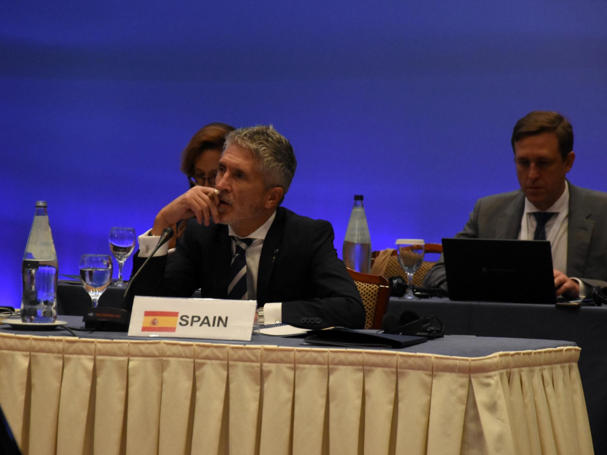 El ministro del Interior en funciones, Fernando Grande-Marlaska durante la sexta cumbre del MED5, que ha reunido durante dos días en Tesalónica (Grecia)